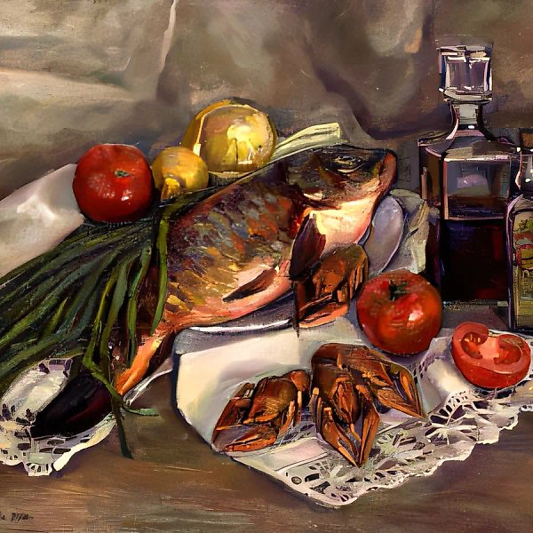 Натюрморт с рыбой и раками., 1998, холст, масло, 50х60, $400, Собственность автора