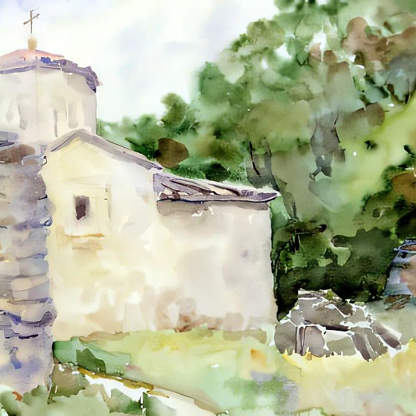 Монастырь в горах, 2000, акварель, бумага, 33x44, $500. Собственность автора