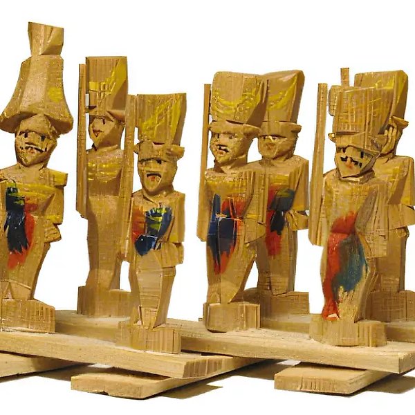 Гусары, 1991, дерево, резьба, роспись, 5,8x7x6,8