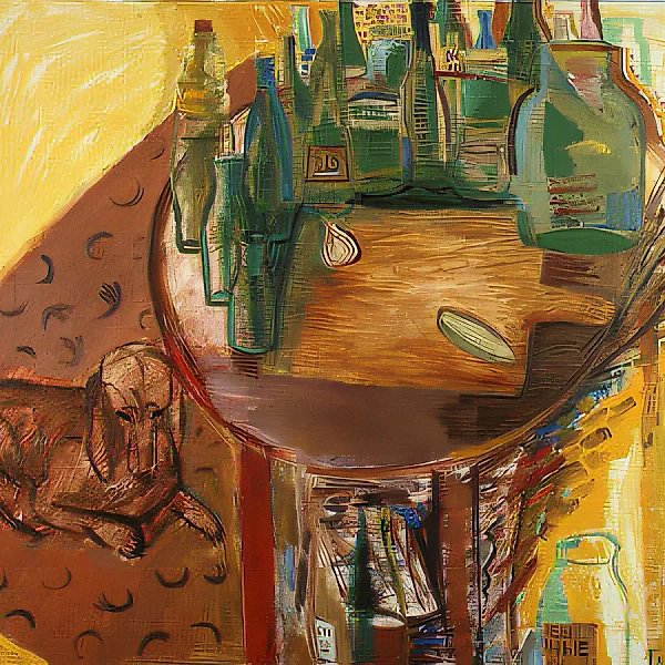 Пустая посуда и такса, 1991, холст, масло, 90x90