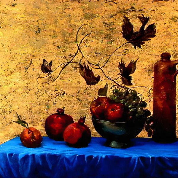 Натюрморт с гранатами, 1990, картон, позолота, масло, 40х50