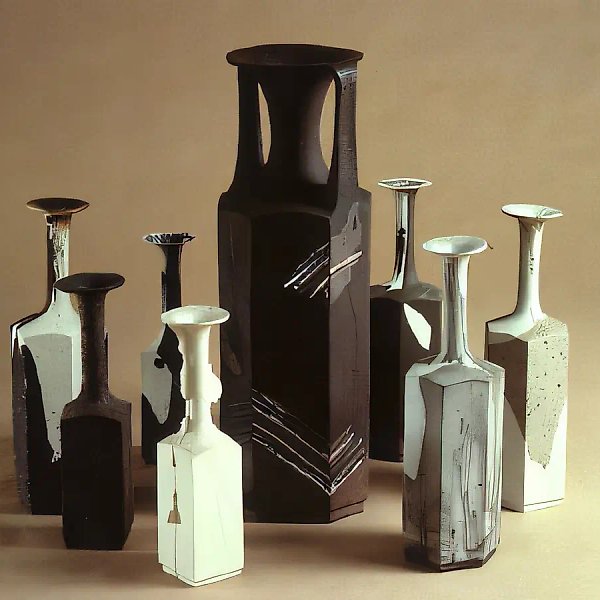 Геометрическая композиция, 1989, фаянс, фарфор, цв.массы, высота 60, 40, 35 Собственность автора