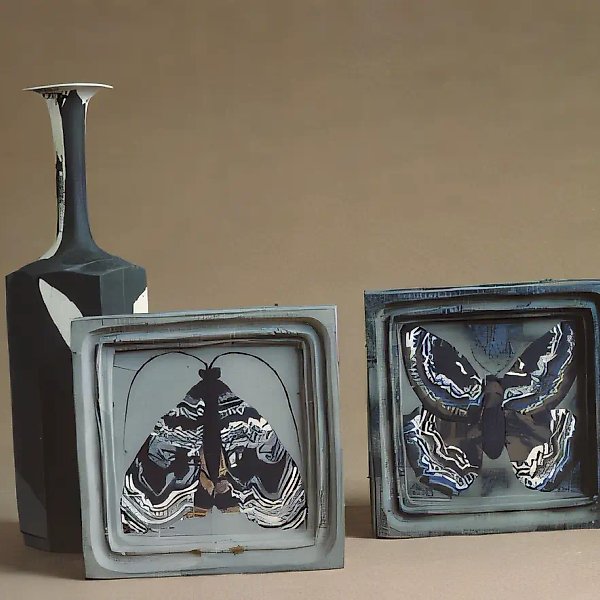 Плакетки бабочки и ваза геометрическая, 1988, фаянс, цветные массы, высота 40, 28х28 Собственность автора