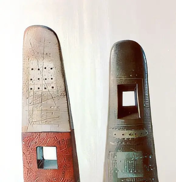 Khachkary (In memory of Paradzhanov). Diptych., 1991, chamotte, engobe, salts, oxides, enamel, glazing, 112x26x17, 105x32x32 Author`s property