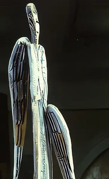 An angel with a broken wing, 1988, wood, painting, 180x40x60 Property of State Russian museum of Fine Art. St. Petersburg.