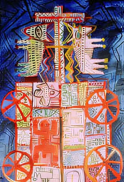 Кочующий мир - 1, 1991, смешанная техника, холст, масло, воск, 90х180 Собственность автора