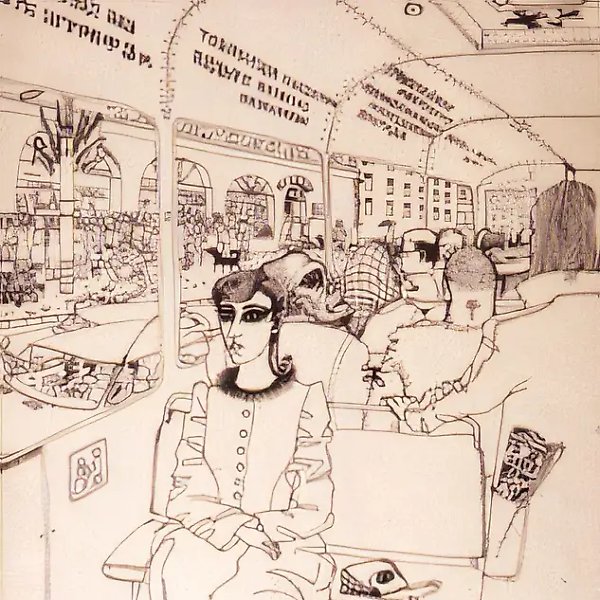 В троллейбусе, 1988, бумага, тушь, перо, 30х21. Собственность автора