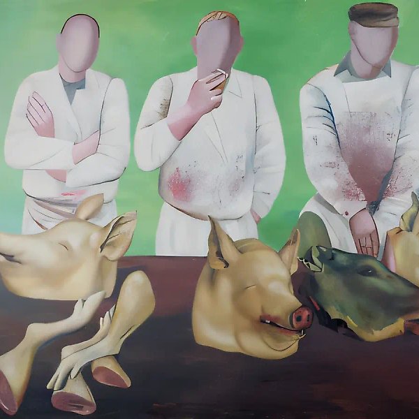 Мясники., 1995, фанера, масло, 150х200 Собственность автора.