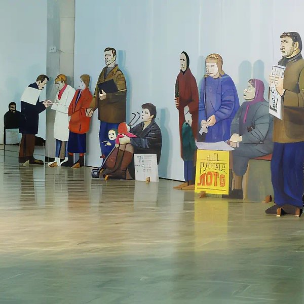 Выставка "Переход"., 1996, фанера, масло, от 70 до 190 см. 120 фигур Собственность автора.