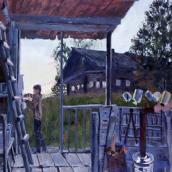 К ужину. На веранде., 1980, древесно-волокнистая плита, масло, 30х30 Собственность автора