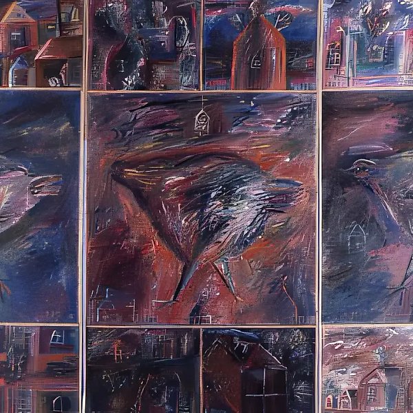 Three Hens (Composition of 15 Pieces), 1990, canvas, oil, 180x300. Author`s property
