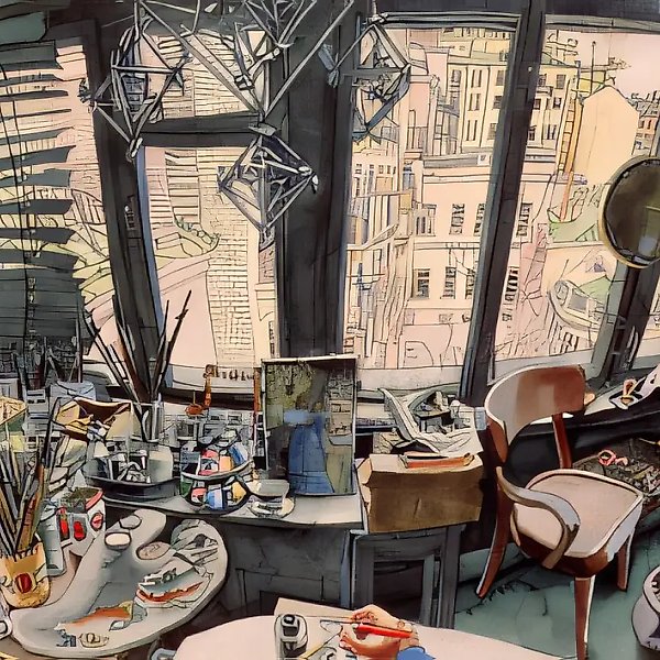 Мастерская, 1989, бумага, акварель, арт-пен, 55х102 Частная коллекция. Даллас. США.