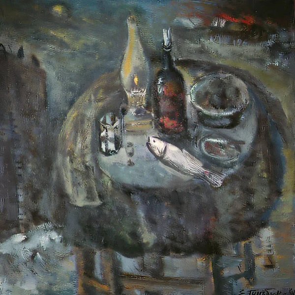 Натюрморт с рыбой, 1987, холст, масло, 100х100 Частная коллекция. Милан. Италия.