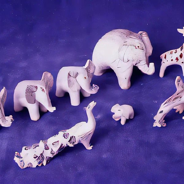 Слон (5 шт.), жирафа, павлин, птица с ящерицей., 1994, фарфор, 6х9х6... Частные собрания. Москва.