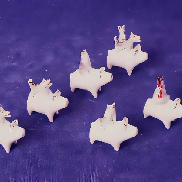 Наездники на свинках (собаки, коты, петух), 1994, фарфор, 5х5х2,5...6х4,5х2 Частное собрание. Москва.