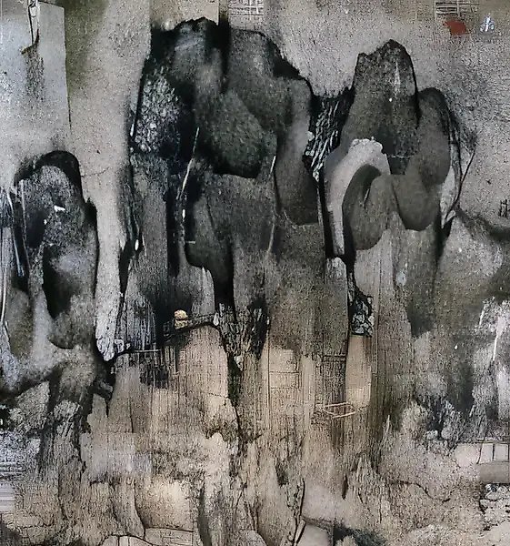 Chinese Landscape in Black Tones, 1989, canvas, oil, collage, acrylic, 140x95 cm. Private collection, Hong Kong