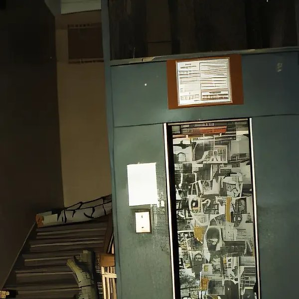 Entrance №1. Open elevator doors and stairs leading up, 1993, installation. Authors` property