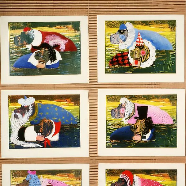 Новогодние костюмы для бегемотов, 1983, гуашь на бумаге, 30x40 (6 частей). Собственность автора