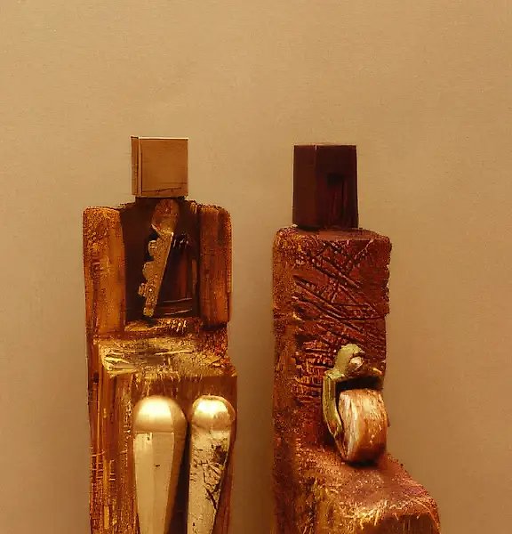 №10, №12. Из серии «Инкубы», 1995, дерево, металл, фарфор, краска, 28x5,5x12 см; 28x8,5x8 см. Собственность автора