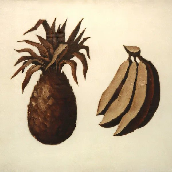 菠萝与香蕉。出自系列《对比静物》，1991年，布面油画，90×120厘米，作者私人收藏。