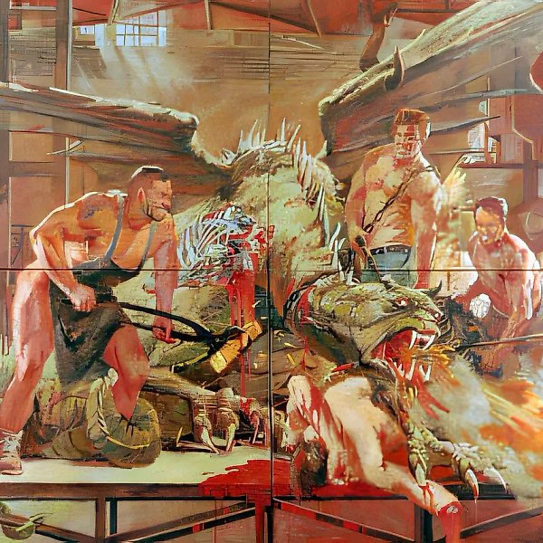 Цех горячей обработки металла (совместно с А. Виноградовым), 1995, масло на холсте, 300x400 см. Собственность авторов