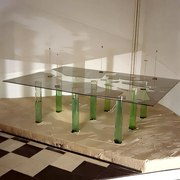 Table. Abstract Topography, 1995, water, glass, sand, mirror, laser. Museum of the World Ocean