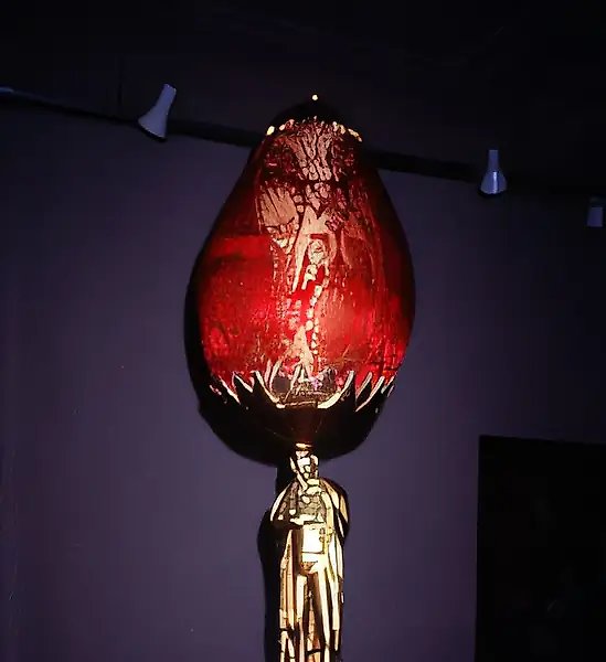 Egg «Pushkin». From the series «Fabergé», 1993, plaster, papier-mâché, fabric, orgalith, 80x35 cm. Author`s property