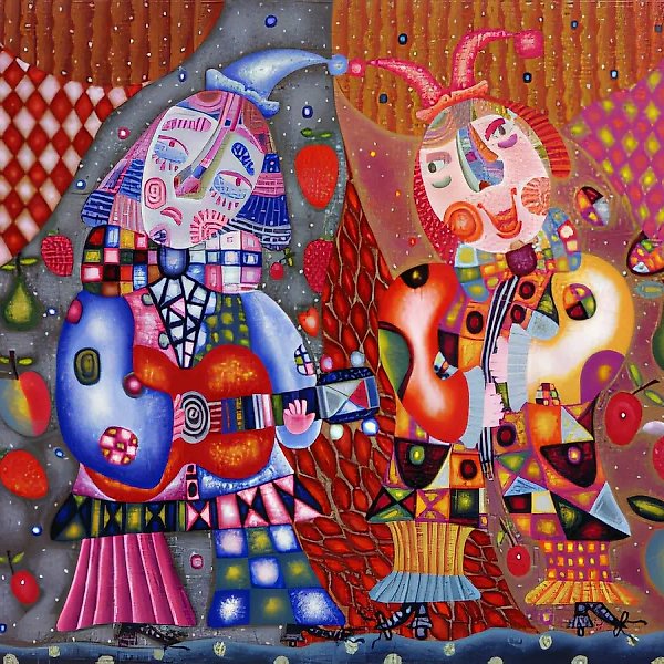 Пьеро и Арлекин. П.Сезану. Из серии "Подарки"., 1996, холст, масло, 55х70 Galleria Villa Nurminata. Финляндия