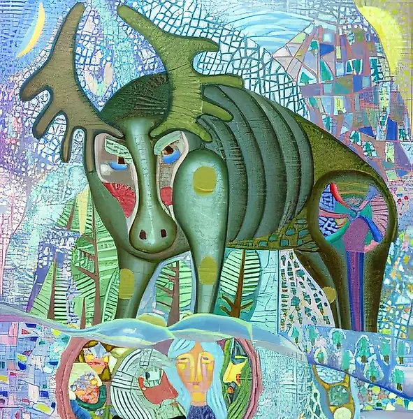 За чудесным лосем Хийси. Из серии “Калевала”., 1996, холст, масло, 110х75 Собственность автора