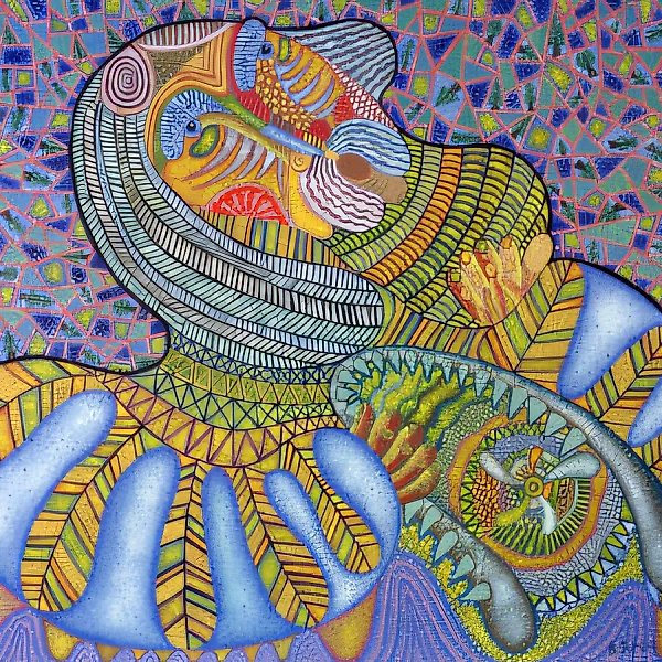 Вяйнямёйнен делающий из челюстей щуки кантеле. Из серии “Калевала”., 1998, холст, масло, 70х80 Собственность автора