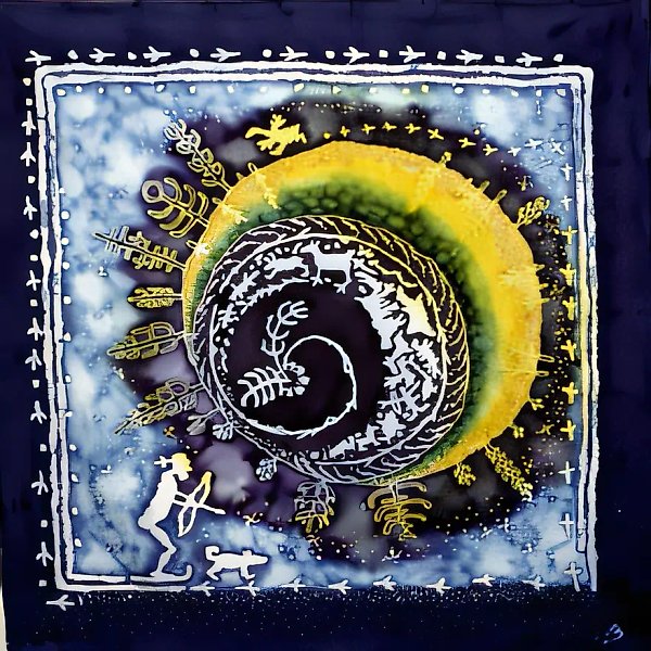 Охота на глухаря, 1996, батик, шёлк, 85x86. Собственность автора, $450