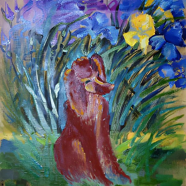 Ирисы и собака, 1995, холст, масло, 80х80 Собственность автора,
$400