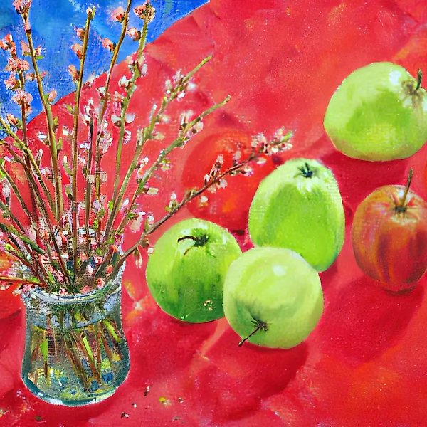 静物与开花枝条,2000年,布面油画,40x60,作者收藏