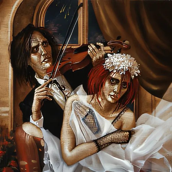 小提琴的颓废，1995年，布面油画，120×100厘米，私人收藏。伦敦。