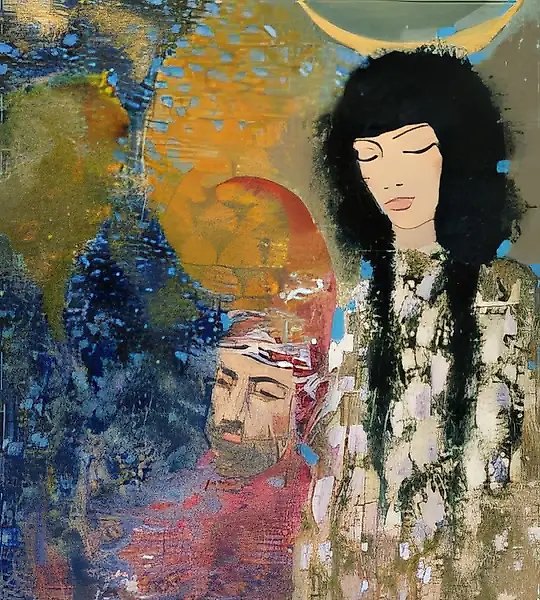 如同细雨，轻声呢喃：“晚安”，1997年，纸本、丙烯、金色薄膜，52 x 32.5