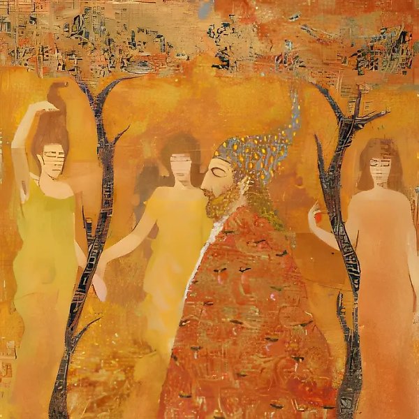 三位少女，三条细线……，1997年，纸本，水粉，金色薄膜，50 x 35