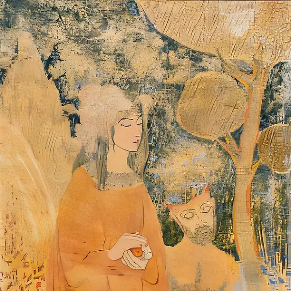 “月亮从山上分离出来...”，1996年，纸本、水粉、铅笔、金色薄膜，52.5 x 34.5