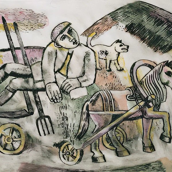 Returning from Haymaking, 1990, monotype, drypoint, 49x64