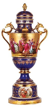Royal Vienna Porcelain, Porcelain covered urn, 24.5" ht., transfer &