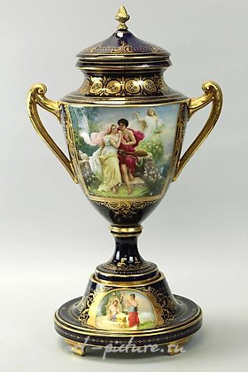 Royal Vienna Porcelain, 19TH C COBBLE BLUE LARGE VASE, ROYAL VIENNA, HAND-PAINTED