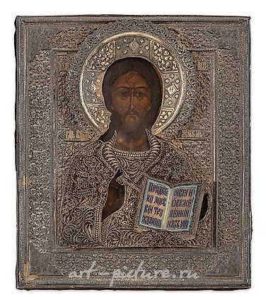 Русское серебро, ИКОНА, ИЗОБРАЖАЮЩАЯ ХРИСТА, С СЕРЕБРЯНОЙ РИЗОЙ