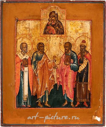 Русское серебро, ИКОНА С ИЗОБРАЖЕНИЕМ ВЛАДИМИРСКОЙ БОЖИЕЙ МАТЕРИ И СВЯТЫХ.