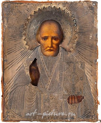 Русское серебро, МАЛЕНЬКАЯ ИКОНА, ИЗОБРАЖАЮЩАЯ СВЯТОГО НИКОЛАЯ МИРЛИКИЙСКОГО С СЕРЕБРЯНО-ЗОЛОТЫМ ОКЛАДОМ