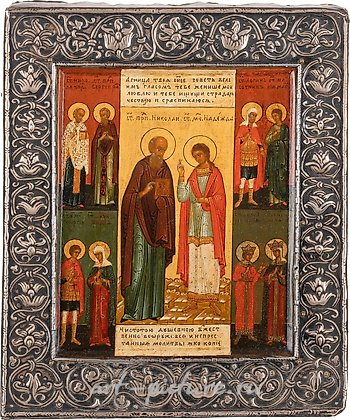Русское серебро, Икона, изящно расписанная, из нескольких частей, изображающая святых Николая и Андрея.