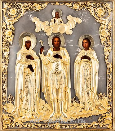 Русское серебро, БОЛЬШАЯ ИКОНА, ИЗОБРАЖАЮЩАЯ СВЯТОГО АНДРЕЯ СТРАТИЛАТА-ВОИНА В ОКРУЖЕНИИ СВЯТЫХ.