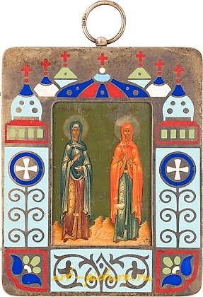 Russian silver, A MINIATURE ICON SHOWING STS. MAFRA AND MARIA WITH A SILVER
