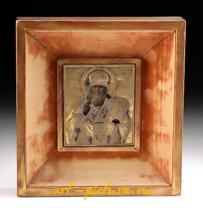 Russian silver, 19th century Russian Gilt Silver Oklad Icon, Saint Nicholas