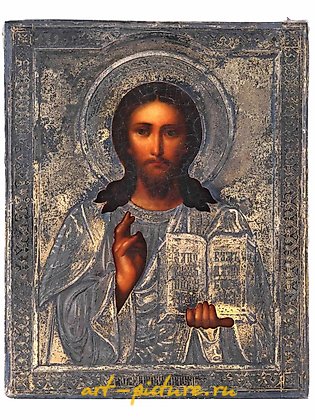 俄罗斯银, 古董俄罗斯东正教耶稣像，带有银边框。