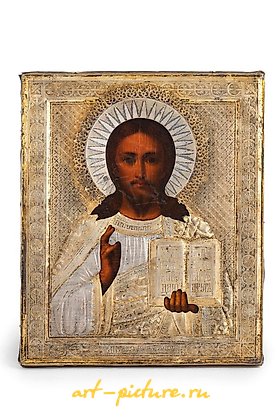 Russian silver, ICON REPRESENTING CHRIST WITH PARTIALLY SILVERED RIZA...