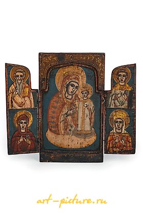 Russian silver, TRIPTYCH ICON DEPICTING THE VIRGIN WITH CHILD AND SAINTS...